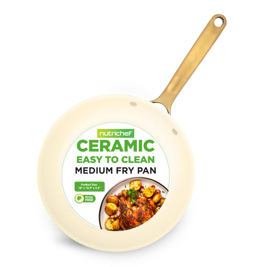NutriChef 10-Inch Professional Ceramic Frying Pan - Medium Skillet with Golden Titanium Handle, Non-Stick Ceramic Coating, Stain-Resistant, Easy to Clean, Ideal for Home Cooking