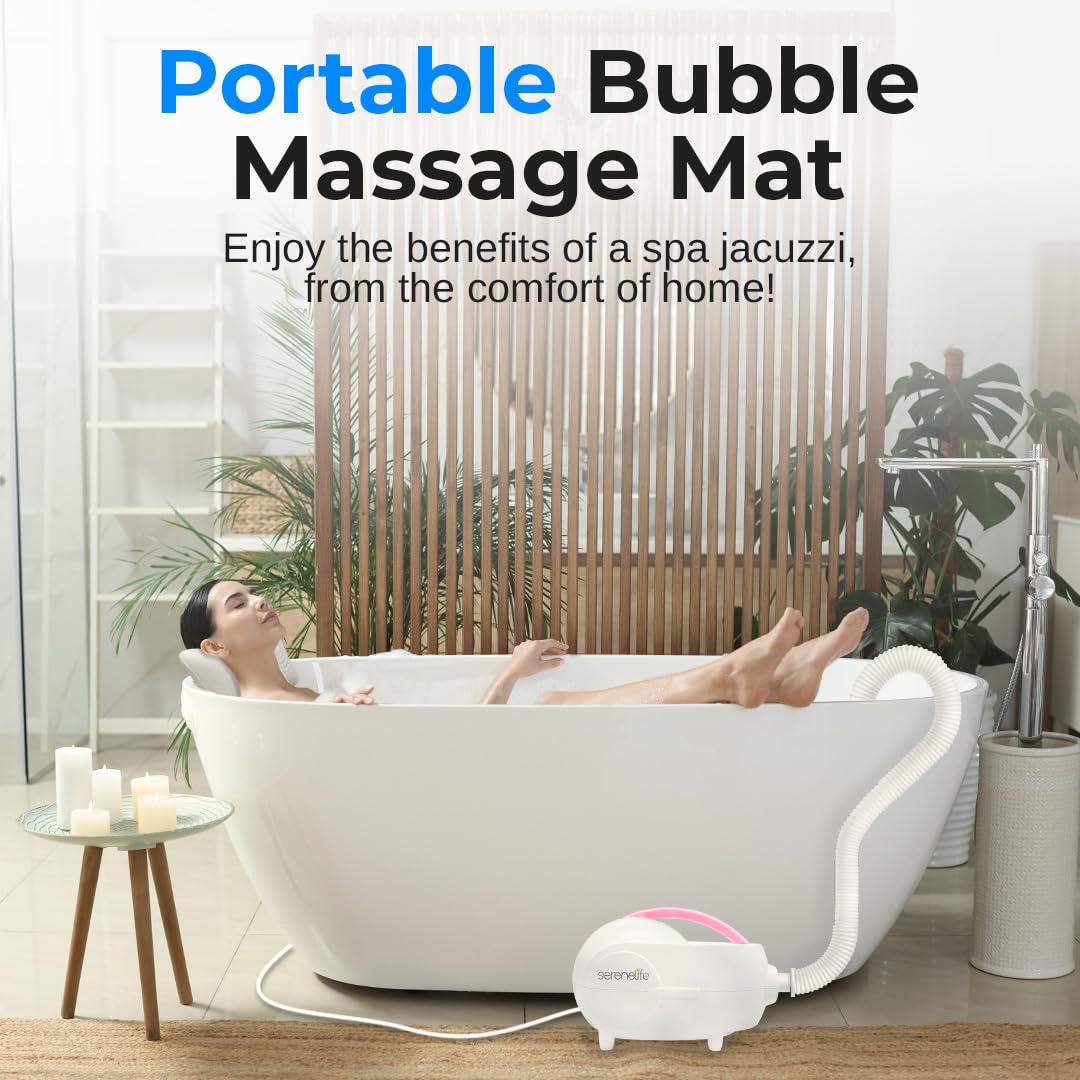 SereneLife Bubble Bath Mat - Portable Spa Bubble Bath Massager with Waterproof Bath Light & Pillow, Adjustable Bubble Intensity, Easy Button Control, Remote Control (Pink)