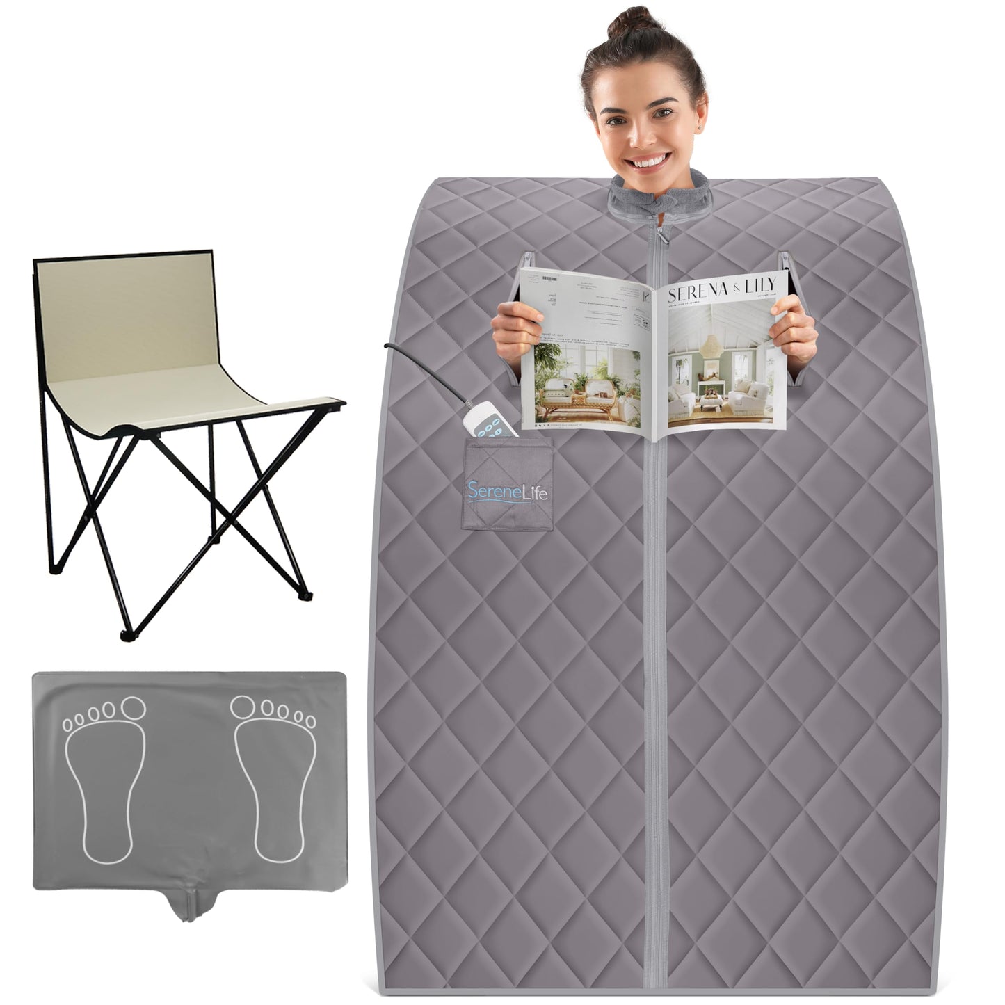 SereneLife Portable Sauna for Home, Infrared Sauna Tent with Heated Foot Pad and Folding Chair, Compact Personal Rejuvenation Sauna, Remote Control In-Home Spa, 38" x 32” - (Gray)