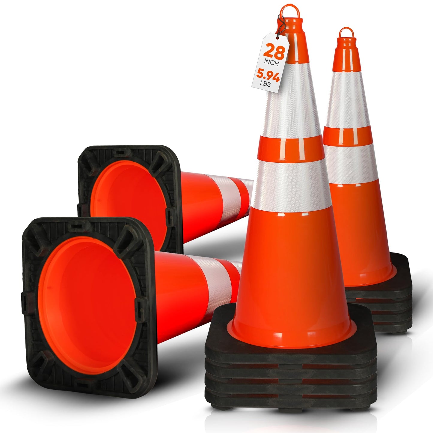 Pyle 28" PVC Traffic Cones, 10-Pack Safety Cones for Parking, Construction, Roadwork, & Sports Training, High-Visibility Orange, Durable, Stackable Design, Heavy-Duty Base for Stability in All Weather