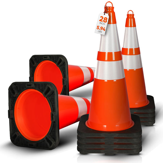 Pyle 28" PVC Traffic Cones, 10-Pack Safety Cones for Parking, Construction, Roadwork, & Sports Training, High-Visibility Orange, Durable, Stackable Design, Heavy-Duty Base for Stability in All Weather