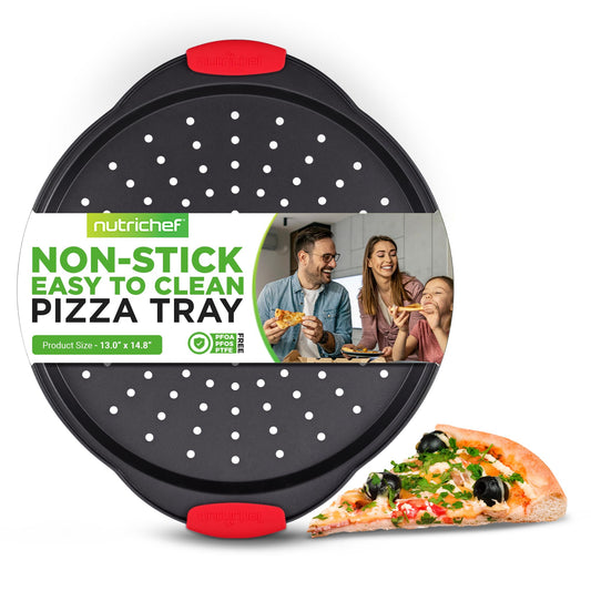 NutriChef 13-Inch Nonstick Pizza Tray - Round Carbon Steel Non-Stick Pizza Baking Pan with Perforated Holes, Premium Bakeware Pizza Screen with Silicone Grip Handles, Dishwasher Safe - NCBPIZ1
