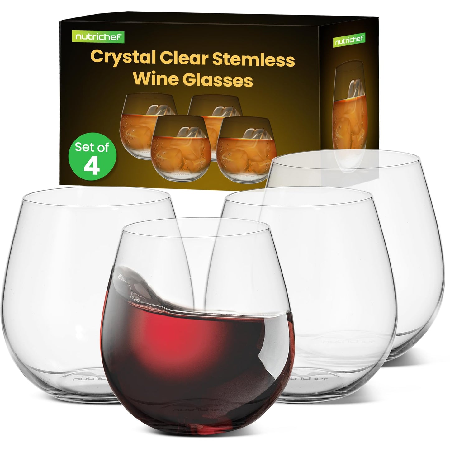 NutriChef 15oz Stemless Wine Glasses - Set of 4 Ultra Thin Elegant Red & White Wine Clear Crystal Glass Drinkware, Lead-Free, Hand Blown Seamless Bowl, Dishwasher Safe