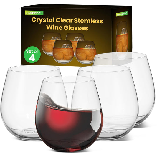 NutriChef 15oz Stemless Wine Glasses - Set of 4 Ultra Thin Elegant Red & White Wine Clear Crystal Glass Drinkware, Lead-Free, Hand Blown Seamless Bowl, Dishwasher Safe