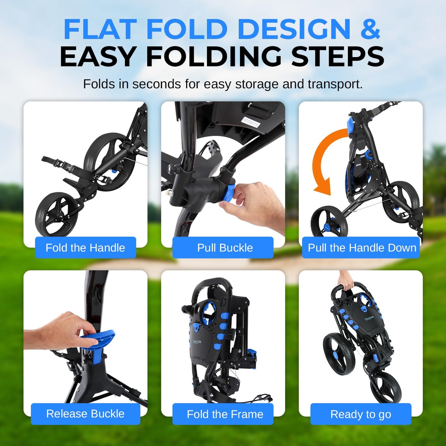 SereneLife Foldable 3-Wheel Golf Push Cart with Ergonomic Handle – Lightweight Aluminum Frame, Quick Fold, Deluxe Scorecard & Cup Holder, Umbrella Storage – Easy to Push & Store – Black Golf Caddy