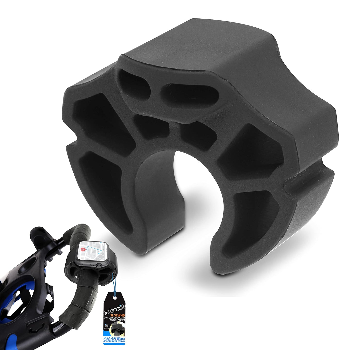 SereneLife Golf Cart Watch Holder Mount - Universal Silicone Mount for GPS or Standard Sports Watch, Fits Golf Carts with 1-inch Handle Tubing SLGZWHD, Black