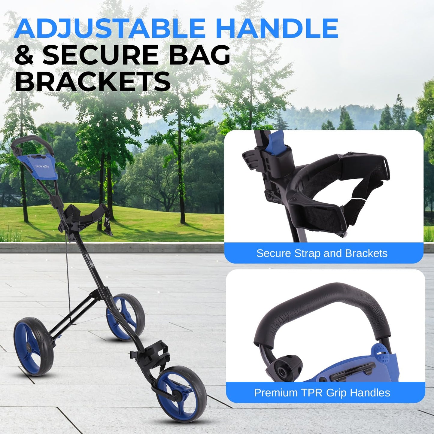 SereneLife 3-Wheel Golf Push Cart – Foldable Steel Frame Trolley w/ Deluxe Scorecard Holder, Adjustable Handle, Quick Brake, Bag Strap, Lightweight Compact Caddy – SLGZX9