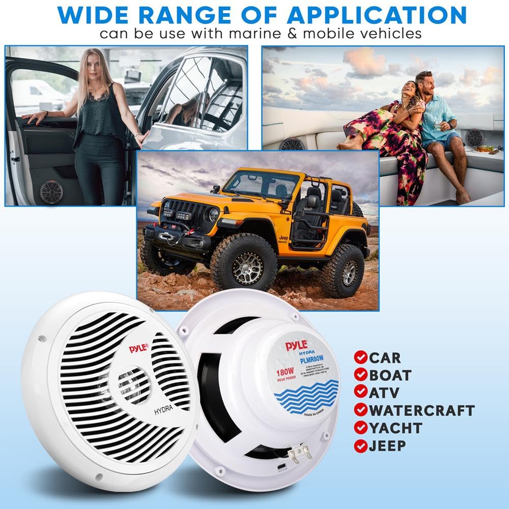 Pyle Marine Speakers, Boat Speakers, Marine Speaker, 8" 180W Waterproof, 4 Ohm, PP Cone, Rubber Surround, 1.5" Voice Coil, 20 Oz Magnet, White, Includes Speaker Wire & Mounting Hardware