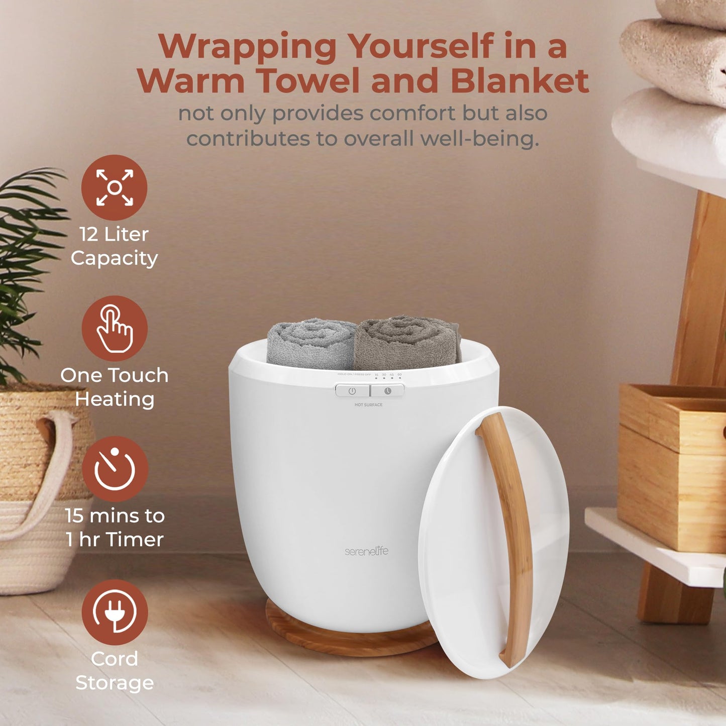 SereneLife Counter Towel Warmer Bucket - with Customized Fragrance for Spa and Bathroom, Luxury Towel Heater, Auto Shut Off, Fits 1 Large Towel, Blanket, Bathrobe, PJs (Natural)