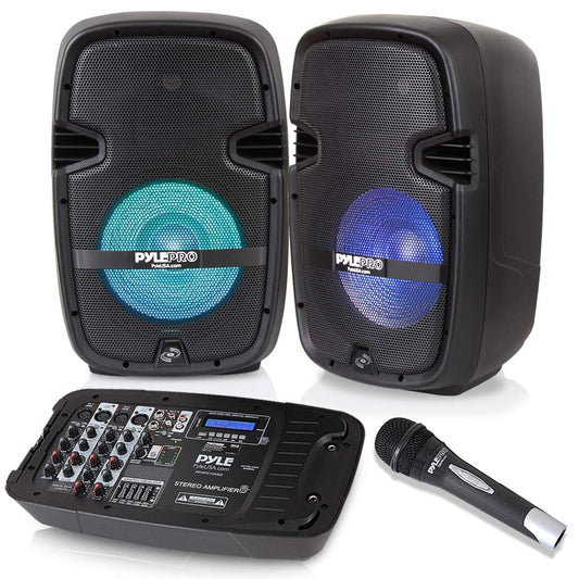 Pyle PA Speaker DJ Mixer Bundle - Portable Wireless Bluetooth Sound System w/ USB SD XLR 1/4" RCA Inputs, LED Lights - Dual Speaker, Mixer, Microphone, Stand, Cable - Home/Outdoor PPHP210AMX,Black