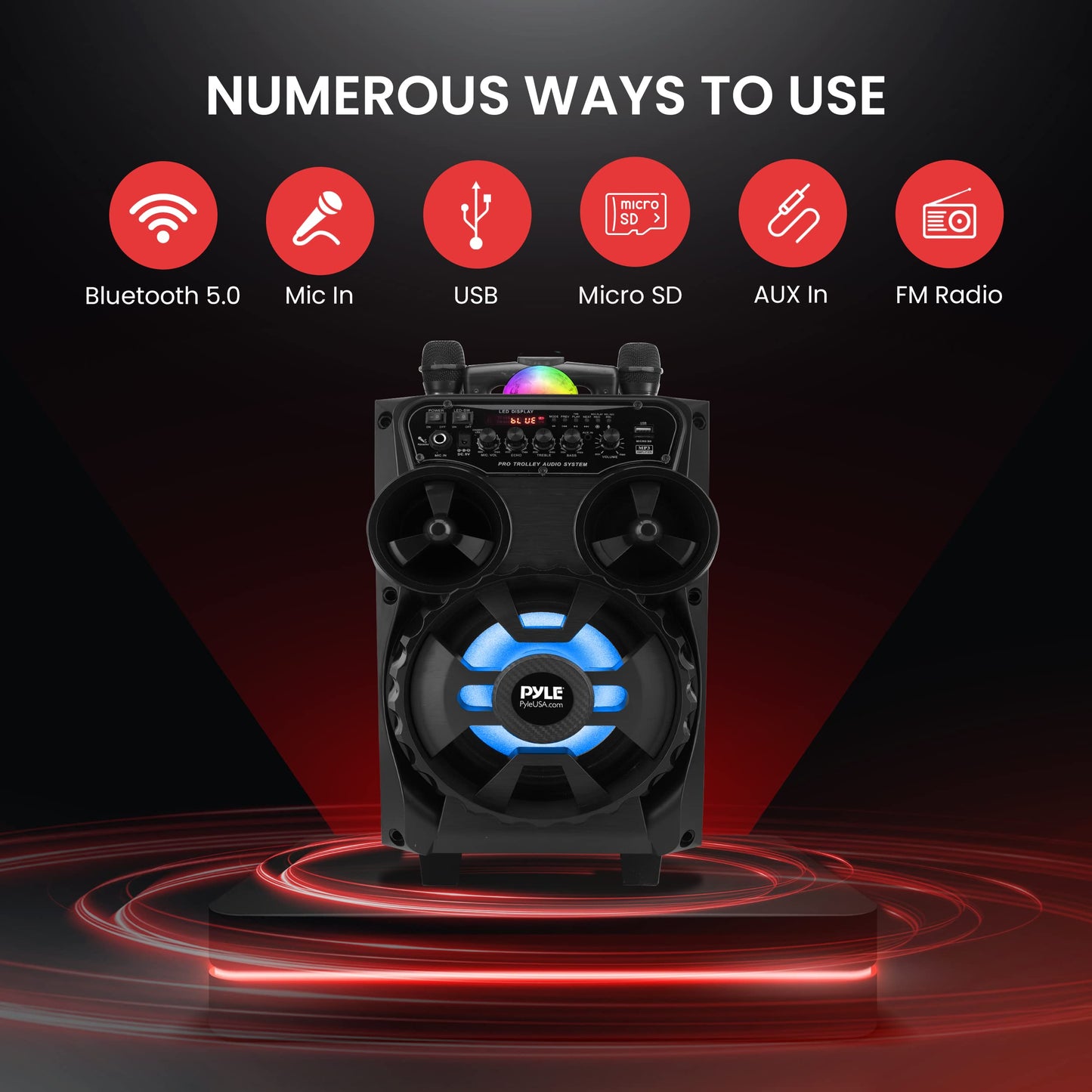 Pyle Portable Bluetooth PA Speaker - 580W 8” Rechargeable Outdoor BT Karaoke Audio System - TWS, Disco Party Lights, LED Display, FM/AUX/MP3/USB/SD, 6.5mm in, Trolley, Wheels - Wireless Mic, Remote