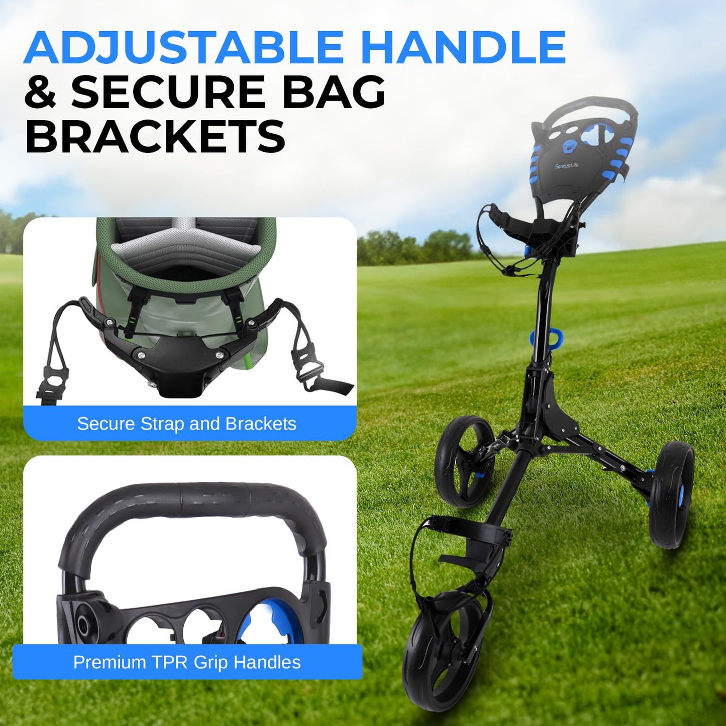 SereneLife Foldable 3-Wheel Golf Push Cart with Ergonomic Handle – Lightweight Aluminum Frame, Quick Fold, Deluxe Scorecard & Cup Holder, Umbrella Storage – Easy to Push & Store – Black Golf Caddy