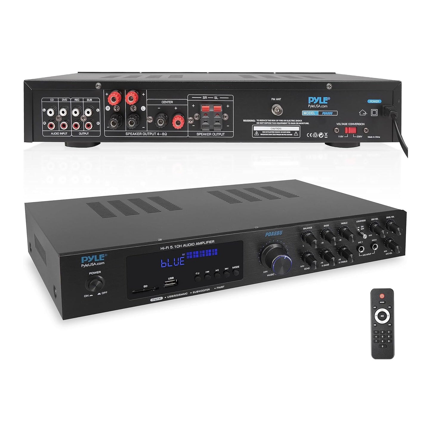 Pyle 5-Channel Wireless Bluetooth 5.0 Audio Amplifier - Stereo Amp for Home Speakers with MP3/USB/SD - AUX - FM Radio - 2 Mic Inputs w/ Echo - Subwoofer Output - VFD Display - Remote Control - PDA8BU
