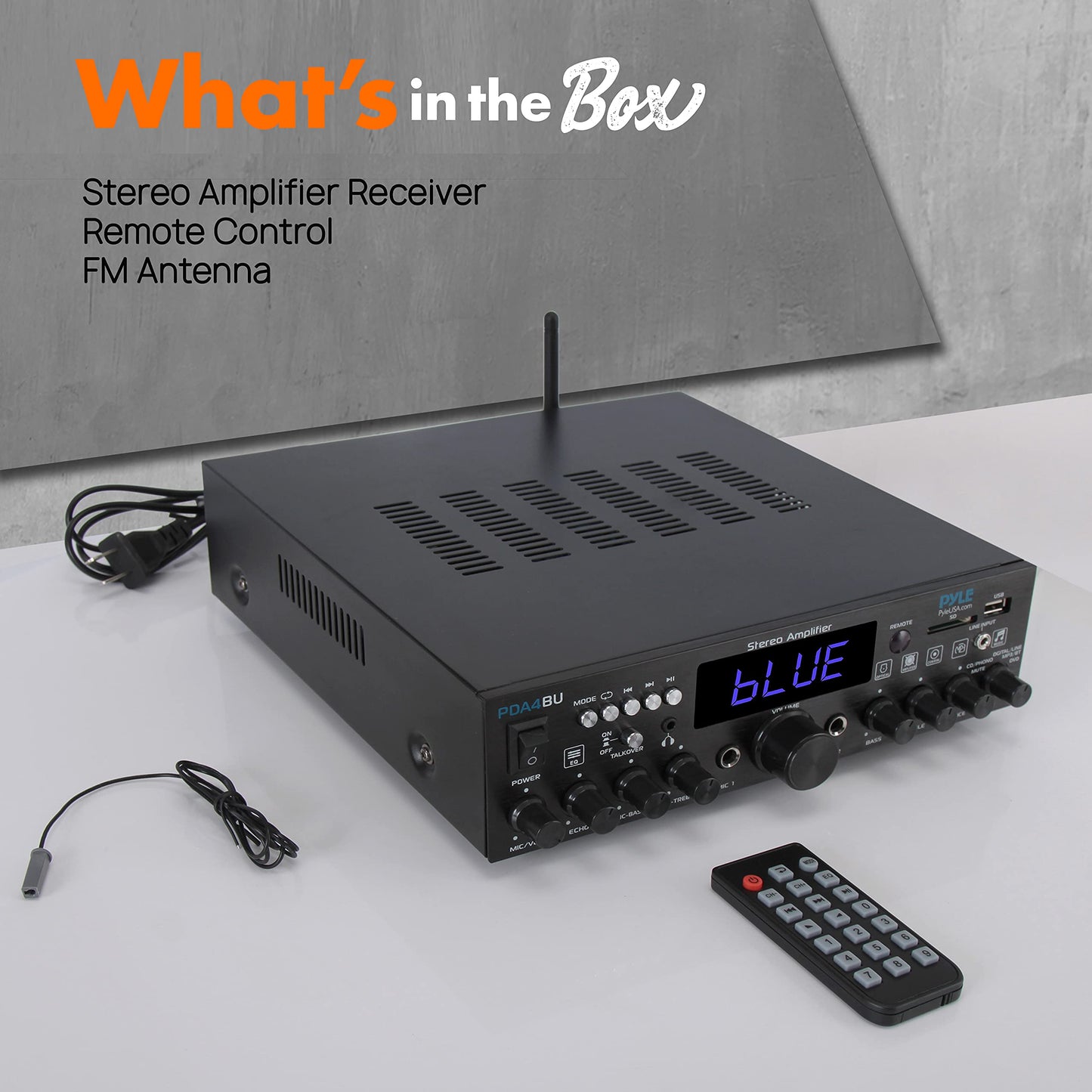 Pyle 200W Wireless Bluetooth Home Stereo Amplifier - Multi-Channel Audio Receiver with Optical - Phono - Coaxial - FM - USB/SD - AUX - RCA - 2 Mic Inputs - ‘Talk-Over’ - Antenna - Remote - PDA4BU