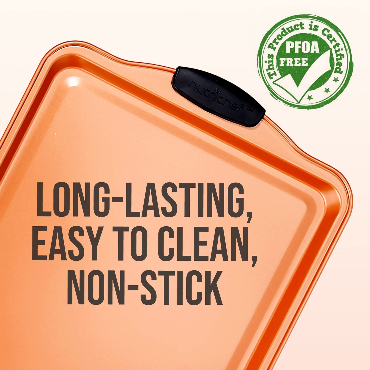 Nutrichef 15” Nonstick Cookie Sheet for Baking - Premium Grade Carbon Steel Non-Stick Baking & Roasting Pan w/ Silicone Handles - Dishwasher Safe, Copper
