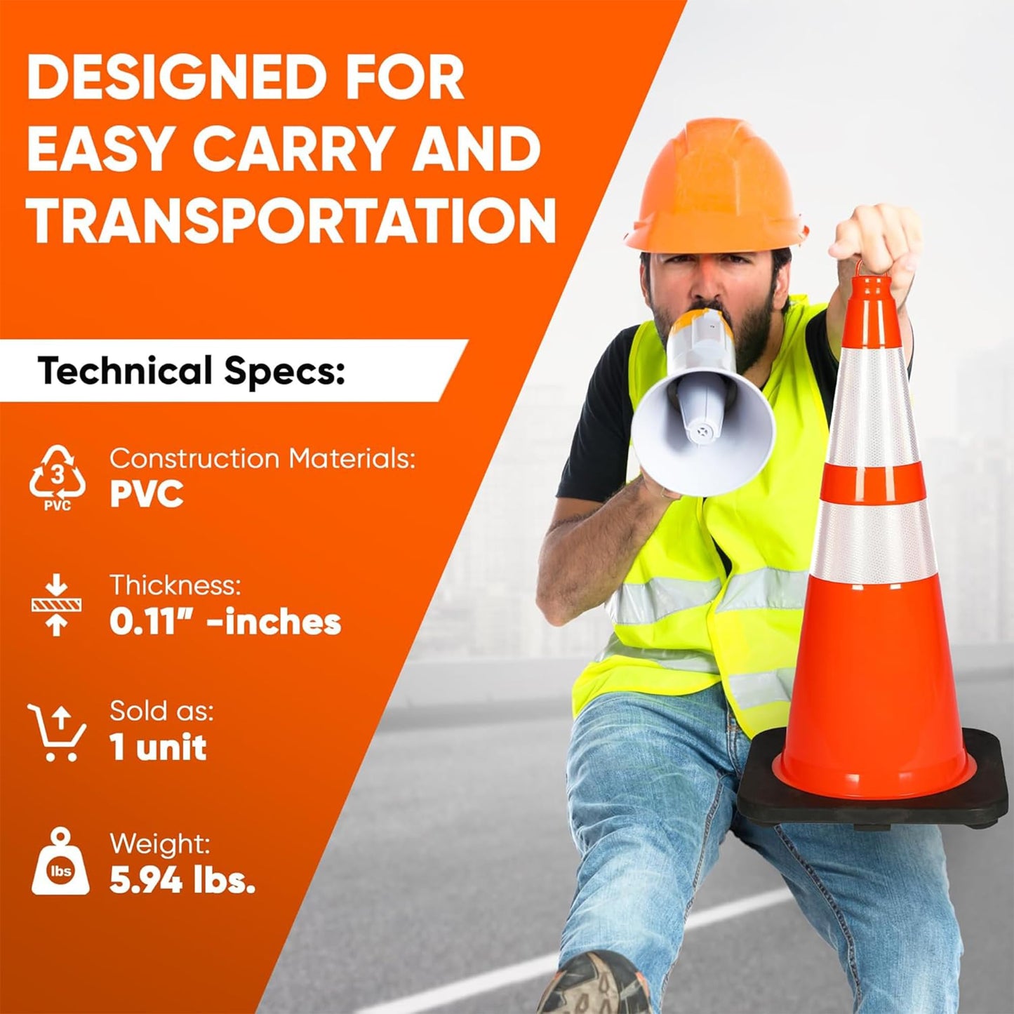 Pyle 28" PVC Traffic Cones, 6-Pack Safety Cones for Parking, Construction, Roadwork, & Sports Training, High-Visibility Orange, Durable, Stackable Design, Heavy-Duty Base for Stability in All Weather