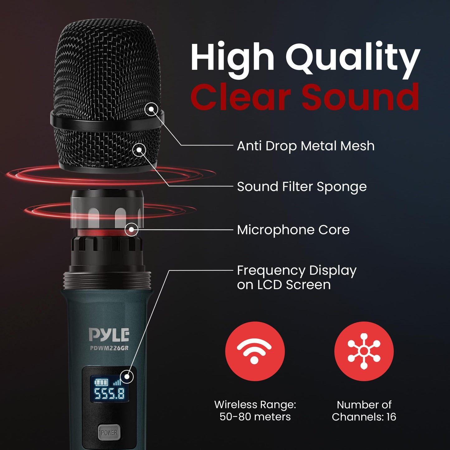 Pyle 4 Channel Wireless Microphone System, Portable UHF Band Receiver System, Independent Channel Controls, RF Signal LCD Indicator, Digital Audio Microphone Set with 4 Handheld Microphones (Green)