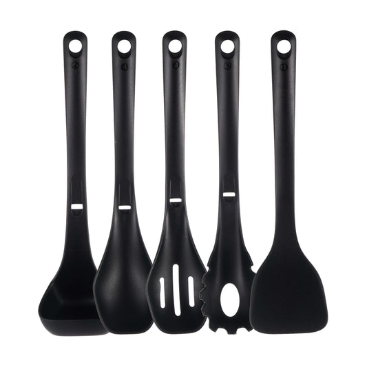 NutriChef Kitchen Cooking Utensils Set - Includes Solid Spatula, Pasta Fork, Solid Spoon, Slotted Spoon & Tool Seat, Works with Model: NCCWSTKBLK (Black)