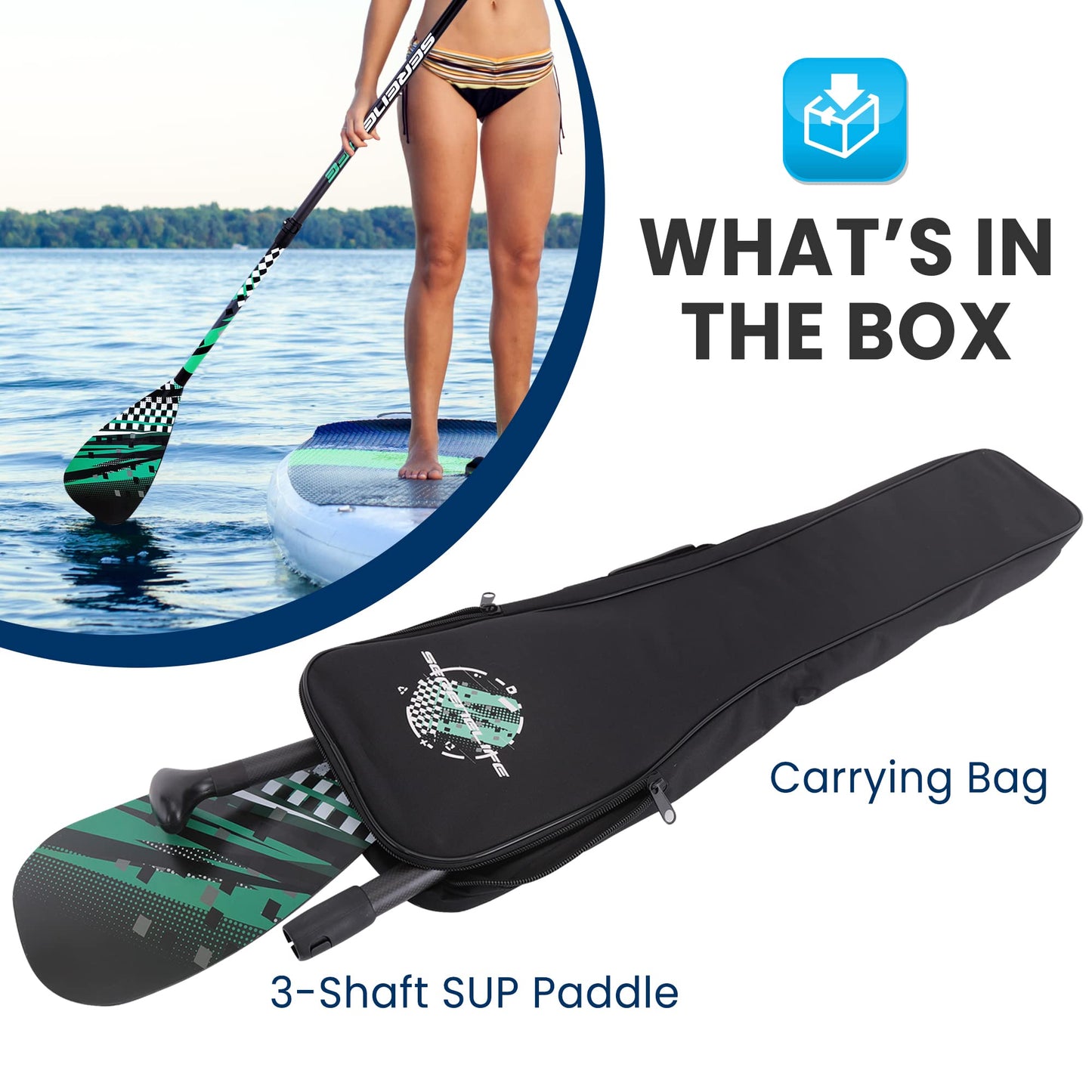 SereneLife Adjustable SUP Paddle - Adjustable 3-Piece Mix Carbonfiber Paddle, Lightweight & Comfortable to Use, Includes Carrying Bag w/ Zip and Handle, Comfortable Grip & Powerful Stroke