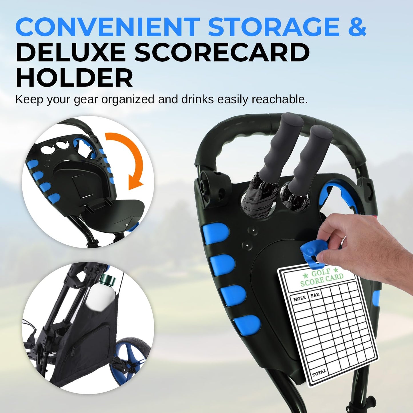 SereneLife Premium Foldable Golf Push Cart 3 Wheel – Lightweight Aluminum Frame, Front Swivel Control, Dual Brake, Cup Holder, Scorecard Holder, Golf Cart Bag Push Trolley