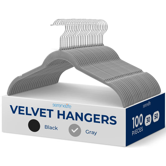 SereneLife 100 Pack Shirt Hangers, Heavy Duty Non-Slip Velvet Hangers with 360° Swivel Hooks, Slim Space-Saving Design for Tops, Jackets, Blouses, & Strappy Dresses (Gray)