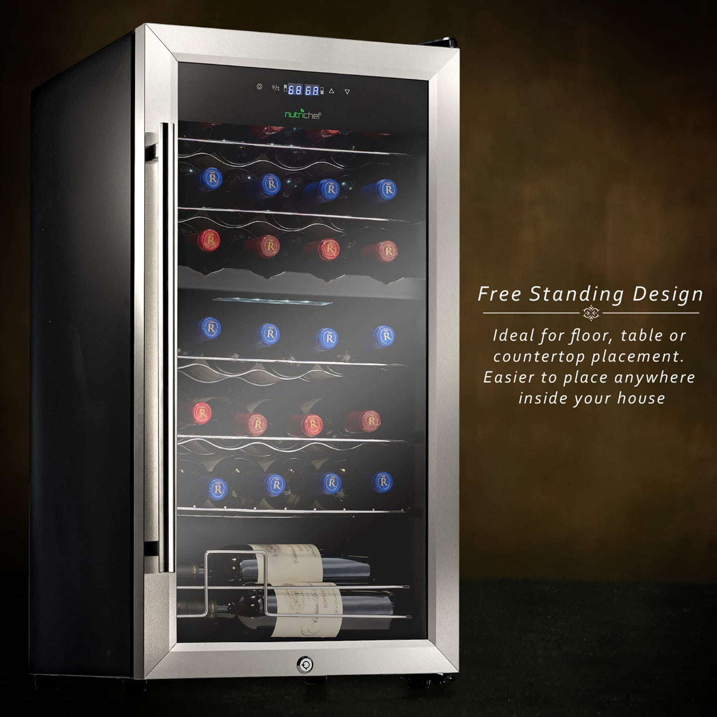 NutriChef 28 Bottle Wine Fridge | Dual Zone Wine Chiller | Adjustable Temperature 41°F to 64°F | Ultra Quiet Operation | Wine Cooler For Home, & Office | Free Standing 33x16x17 IN (Black)