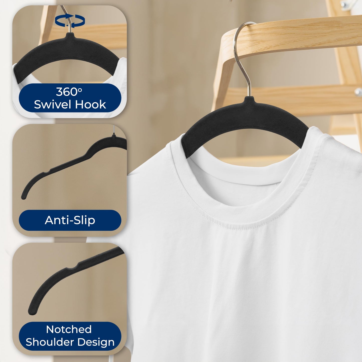 SereneLife 50 Pack Shirt Hangers, Heavy Duty Non-Slip Velvet Hangers with 360° Swivel Hooks, Slim Space-Saving Design for Tops, Jackets, Blouses, & Strappy Dresses (Black)