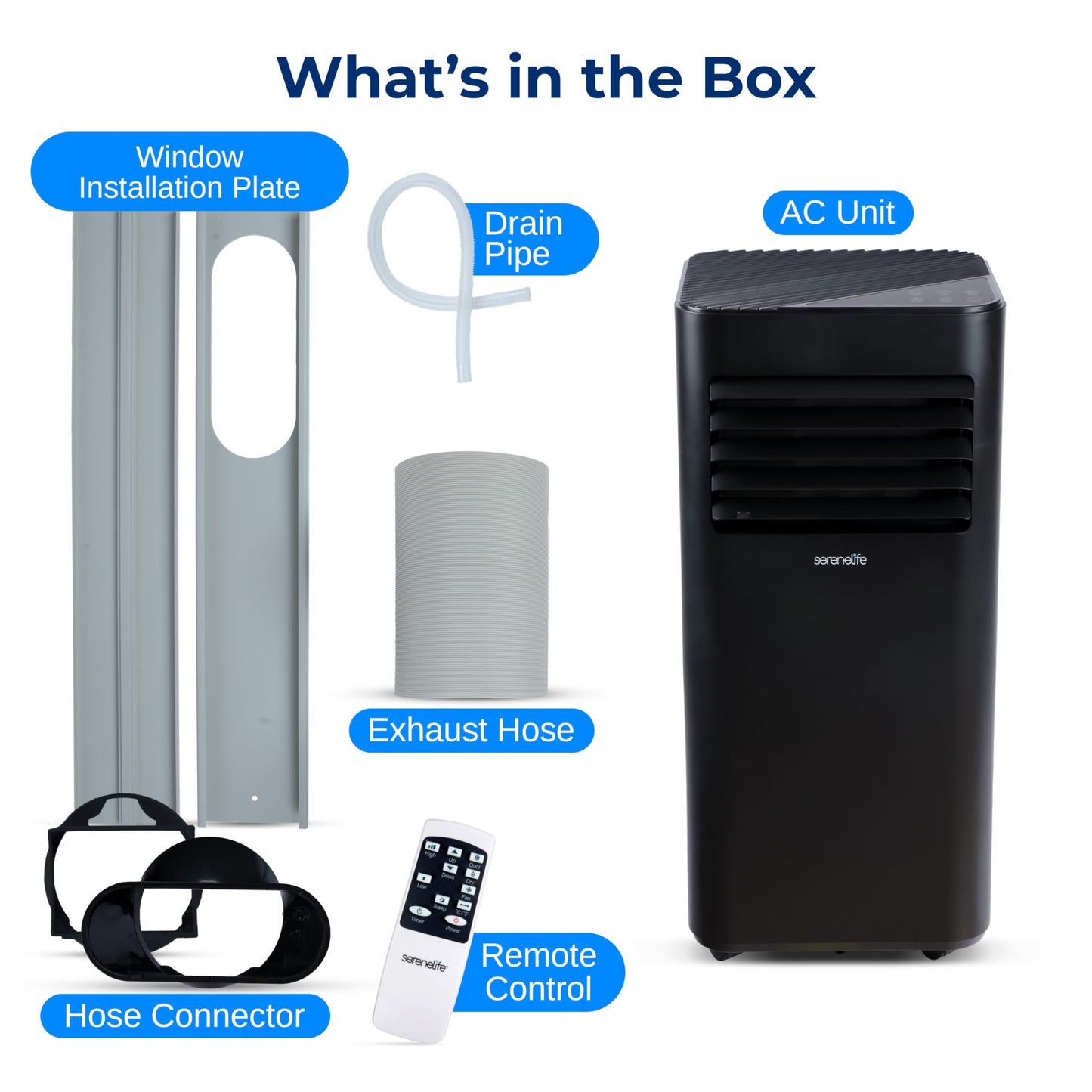 SereneLife 8000 BTU Portable Air Conditioner - 3-in-1 Portable AC Unit for Bedroom Up to 300 Sq.Ft, 24H Timer, Remote Control, Sleep Mode, Wheels, with Window Mount Kit, Black