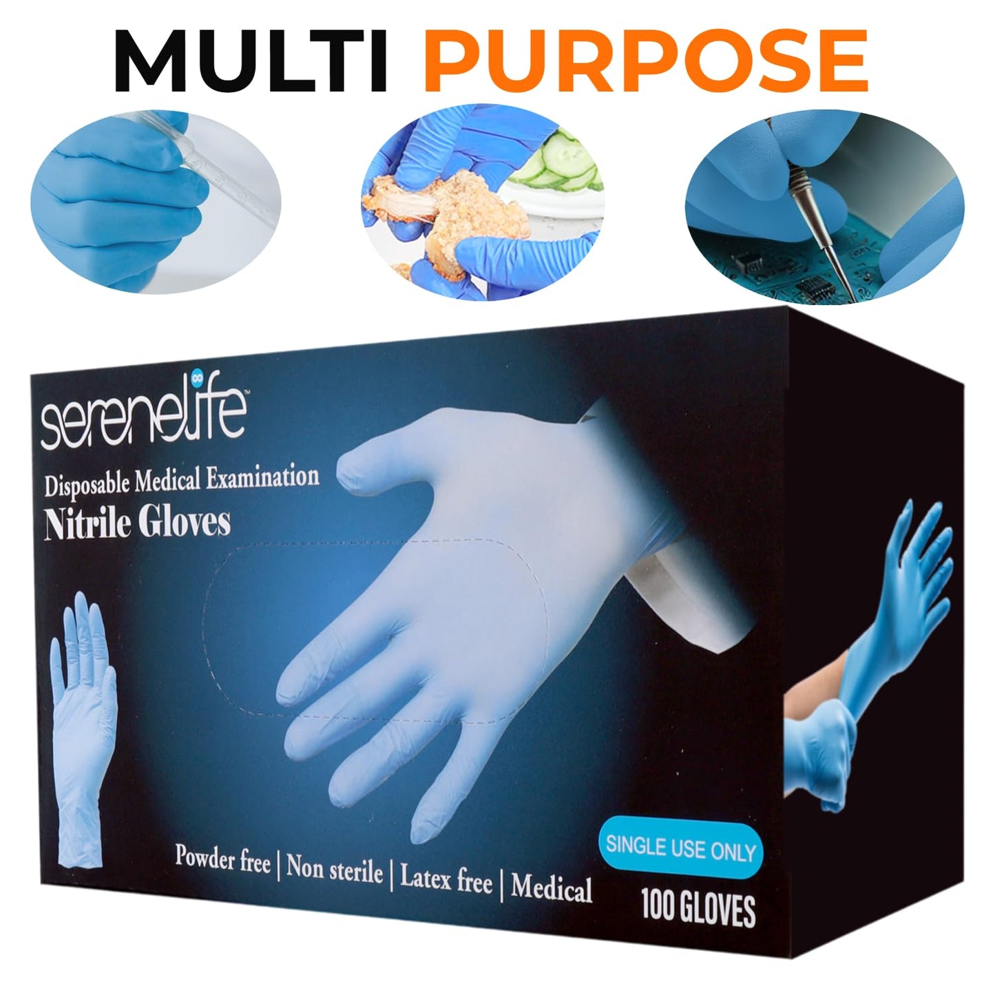 Serenelife 100 count Medium Gloves Nitrile Disposable Latex & Powder Free - Great for Kitchens, Food Handling & Cleaning Supplies - Soft & Comfortable fit - Vinyl & Nitrile blend - Medium -100 Pack