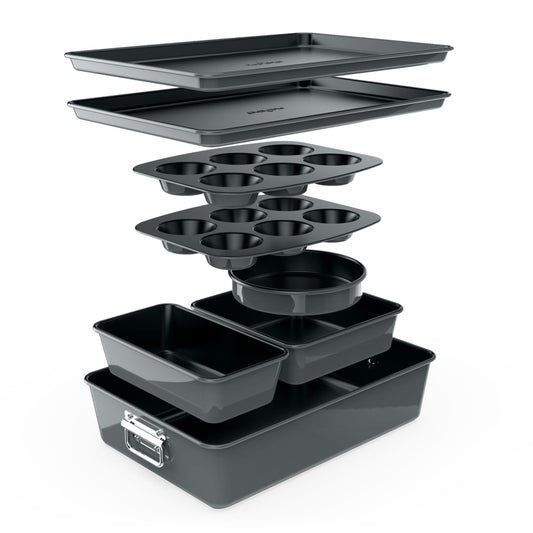 NutriChef 8-Piece Nonstick Stackable Bakeware Set - PFOA, PFOS, PTFE Free Baking Tray Set w/Non-Stick Coating, 450°F Oven Safe, Round Cake, Loaf, Muffin, Wide/Square Pans, Cookie Sheet (Gray)