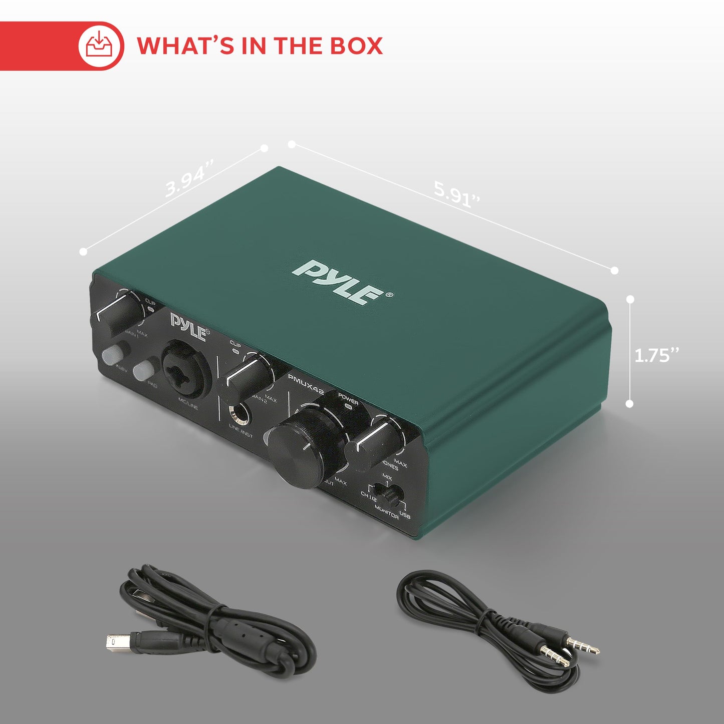Pyle USB Audio Interface for Recording, Streaming & Podcasting – 2 Inputs 2 Outputs, 48V Phantom Power, 24bit/192kHz ASIO, Studio-Quality Sound, Rugged Metal Chassis - Compatible with Windows/Mac