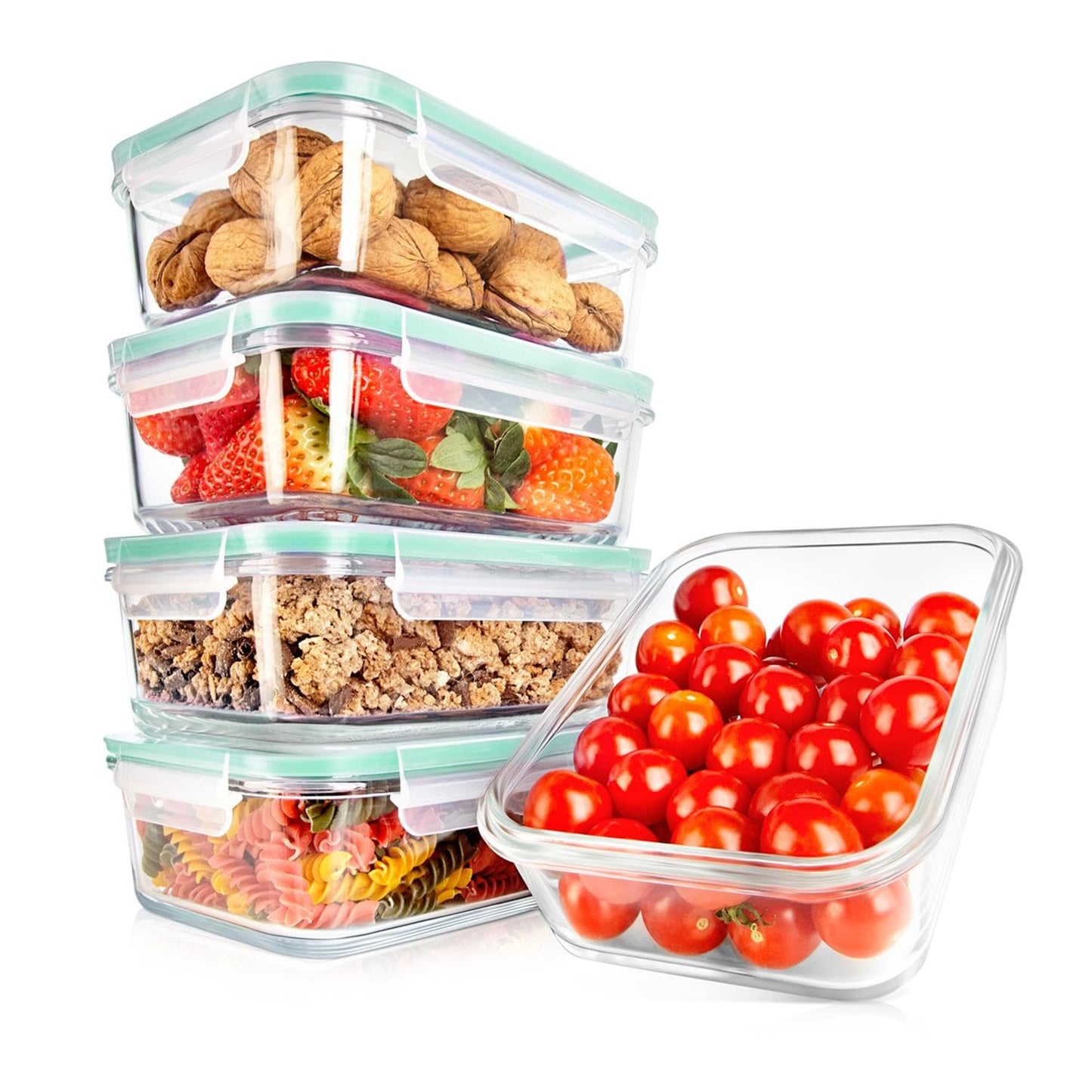 NutriChef 10-Piece Superior Glass Food Storage Containers Set (5 Containers + 5 Locking Lids),Stackable Meal-prep Design, BPA-free Airtight Clear Locking lids with Vent Lids & Air Hole, Green