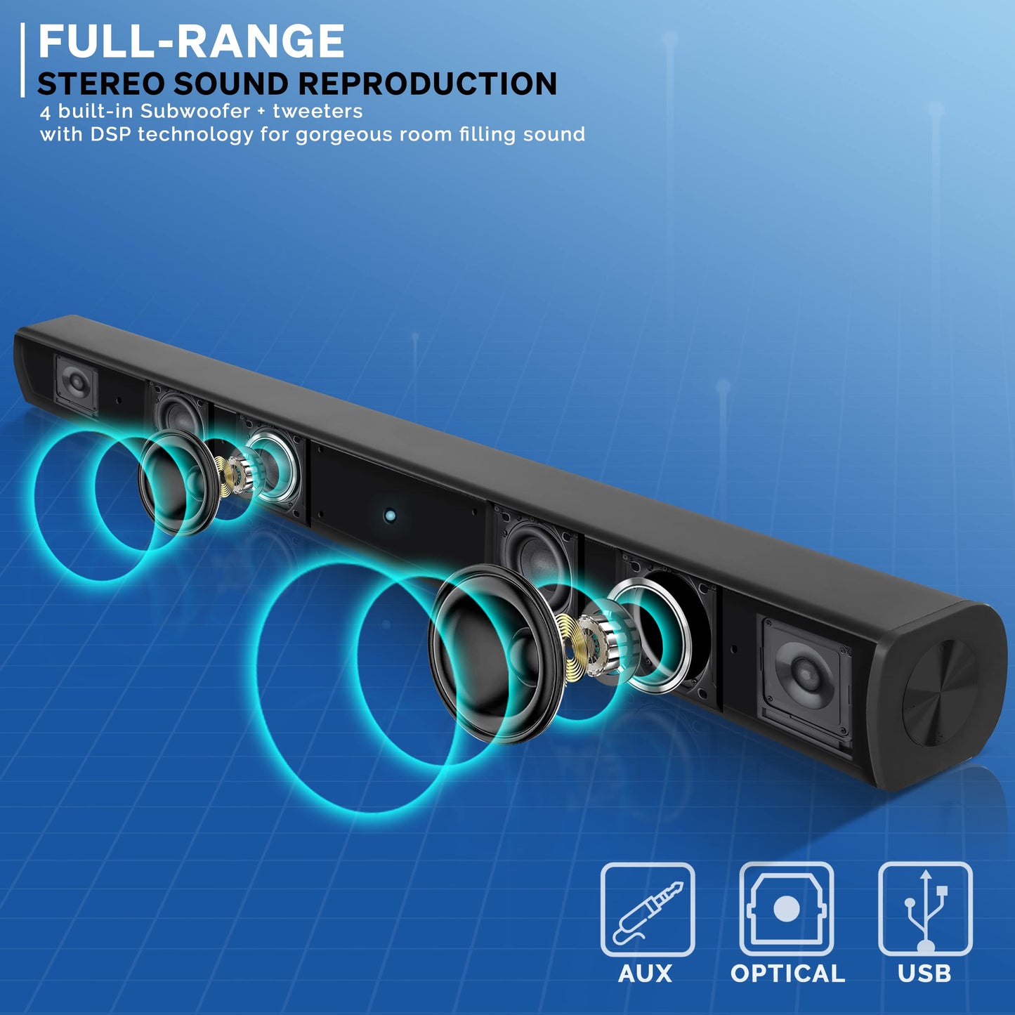 Pyle Wave Base Sound bar with Bluetooth for TV Tabletop Digital Audio Speaker System/Home Theater, Gaming, Projectors, with Remote Control, Inputs AUX, Optical in, USB - PSBV110B