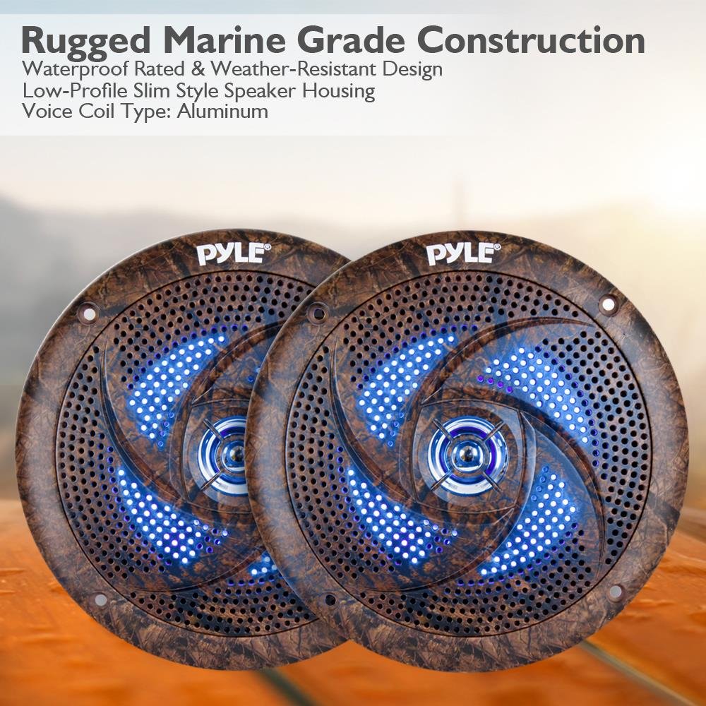 Pyle 6.5 Inch Marine Speakers - 2 Way IP44 Waterproof and Weather Resistant Outdoor Audio Stereo Sound System with Built-in Led Lights, 240 Watt Power and Low Profile Design - 1 Pair - PLMRLE64DK