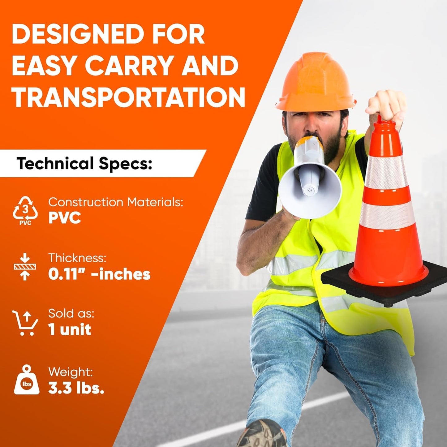 Pyle 18" PVC Traffic Cones, 8-Pack Safety Cones for Parking, Construction, Roadwork, & Sports Training, High-Visibility Orange, Durable, Stackable Design, Heavy-Duty Base for Stability in All Weather