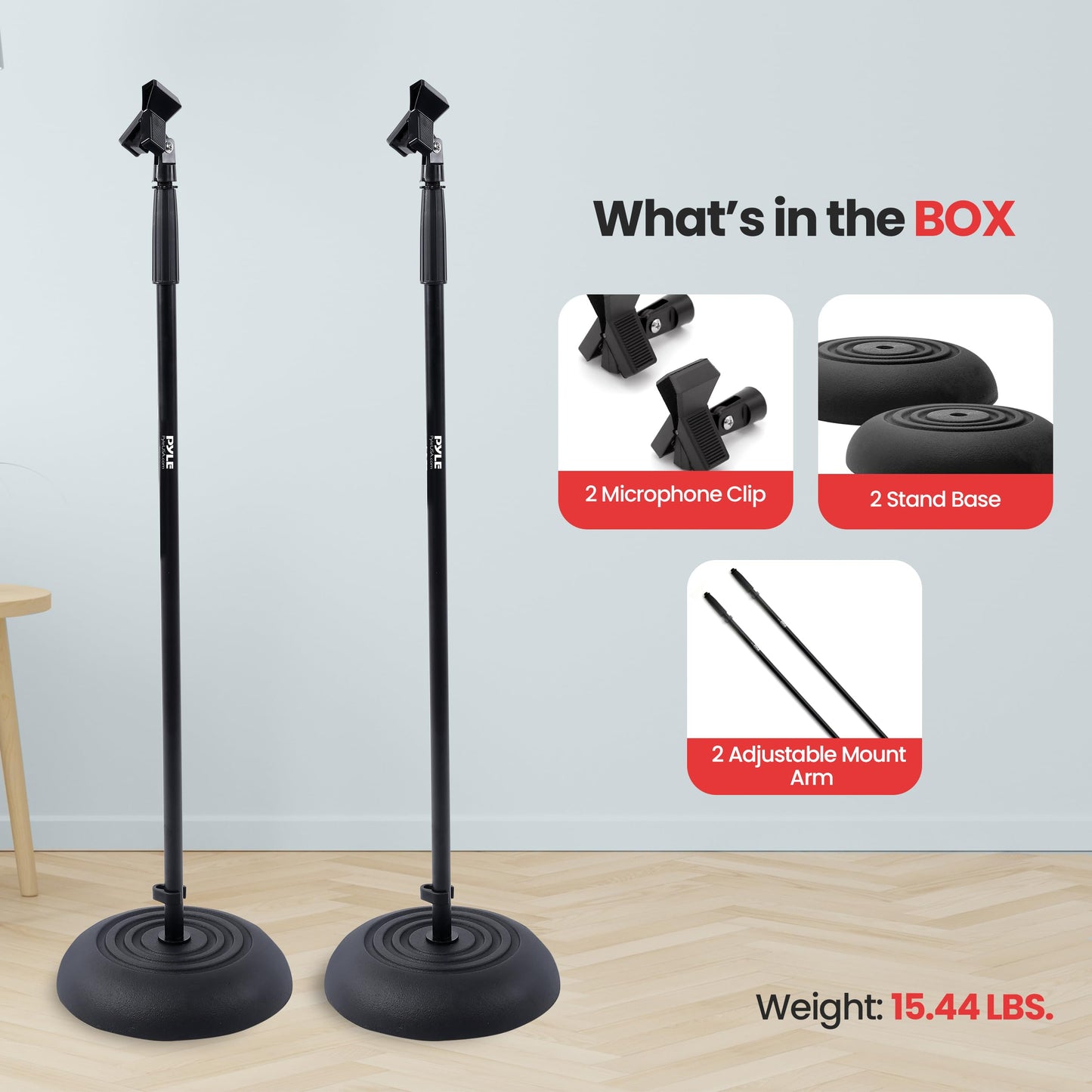 Pyle Universal Microphone Stand - Handheld Mic Compatible, Heavy Compact Base, Lightweight & Compact Design, 2.8 to 5 Ft Height Adjustable Clamp, Pivot Angle Clip, Home/Studio Use (Pair)