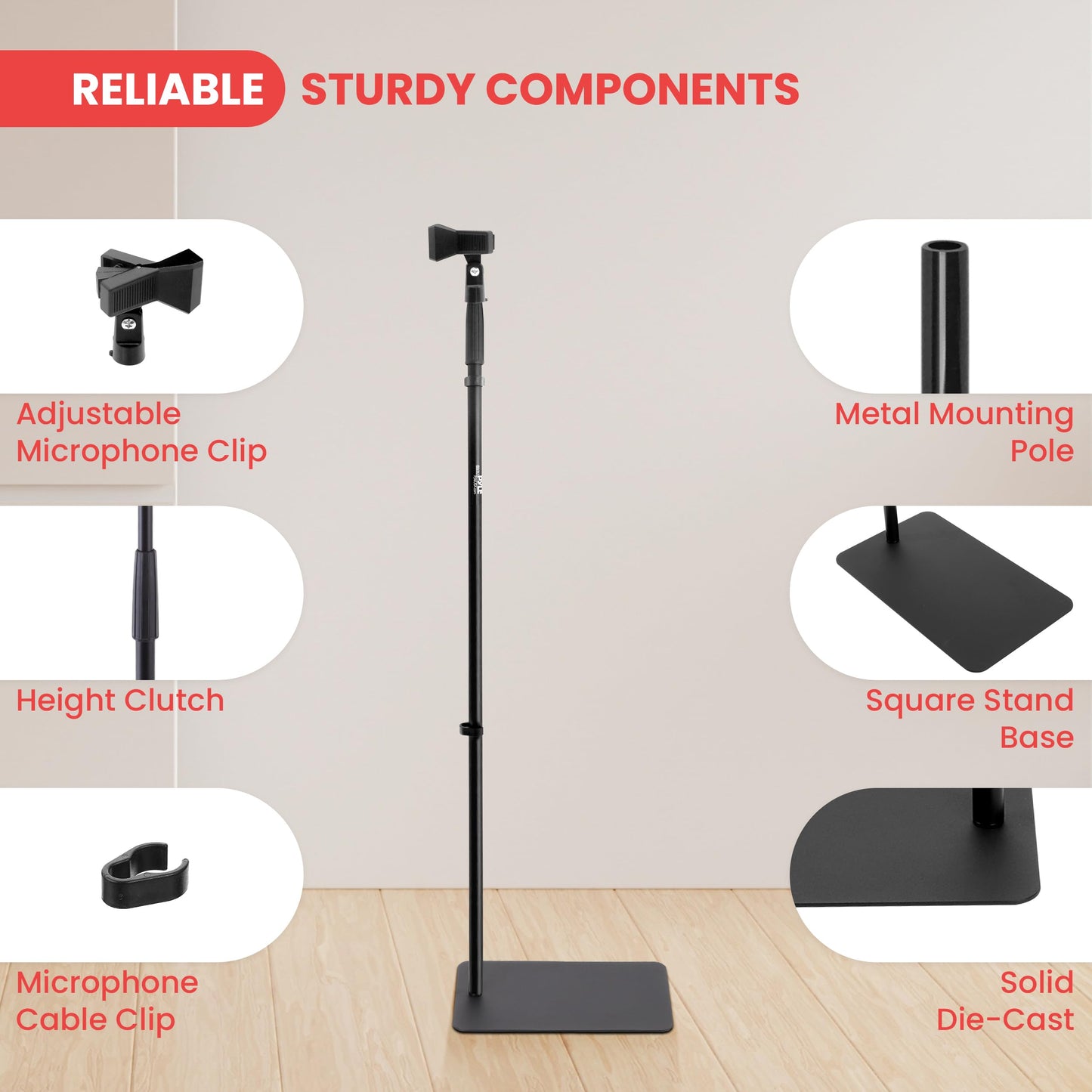 Pyle Square Base Microphone Stand with Mic Clip - Heavy Duty, Height Adjustable, 36.2" to 63.38'', Solid Die-Cast Base, Studio & Concert Use, Universal 5/8'' Adapter, Cable Clip Included
