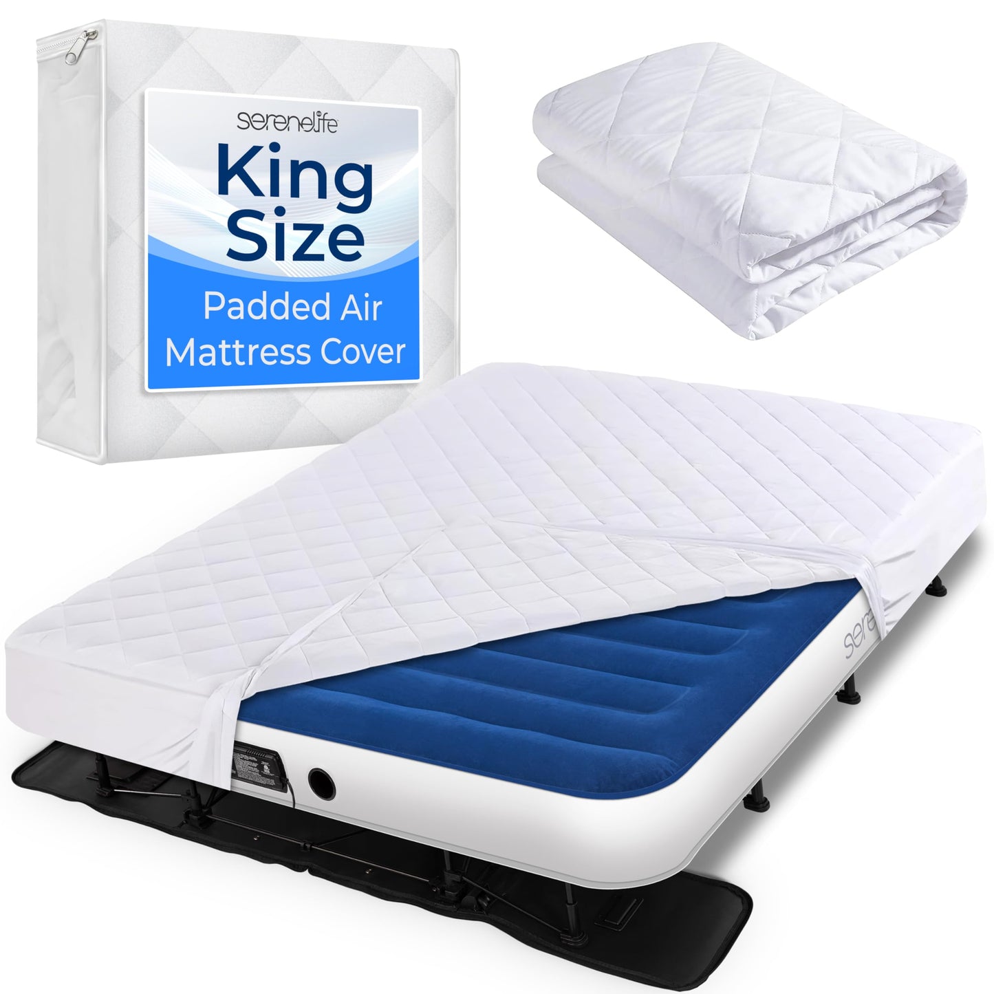 SereneLife Mattress Cover King Size Bed, Soft Breathable Waterproof Mattress Cover, 80”x72 x8” for EZ Bed, Fits SLEZBDKG50 / SLEZBDKG50LX, Wrinkle-Resistant with Deep Pockets, Anti-Slip Elastic Skirt