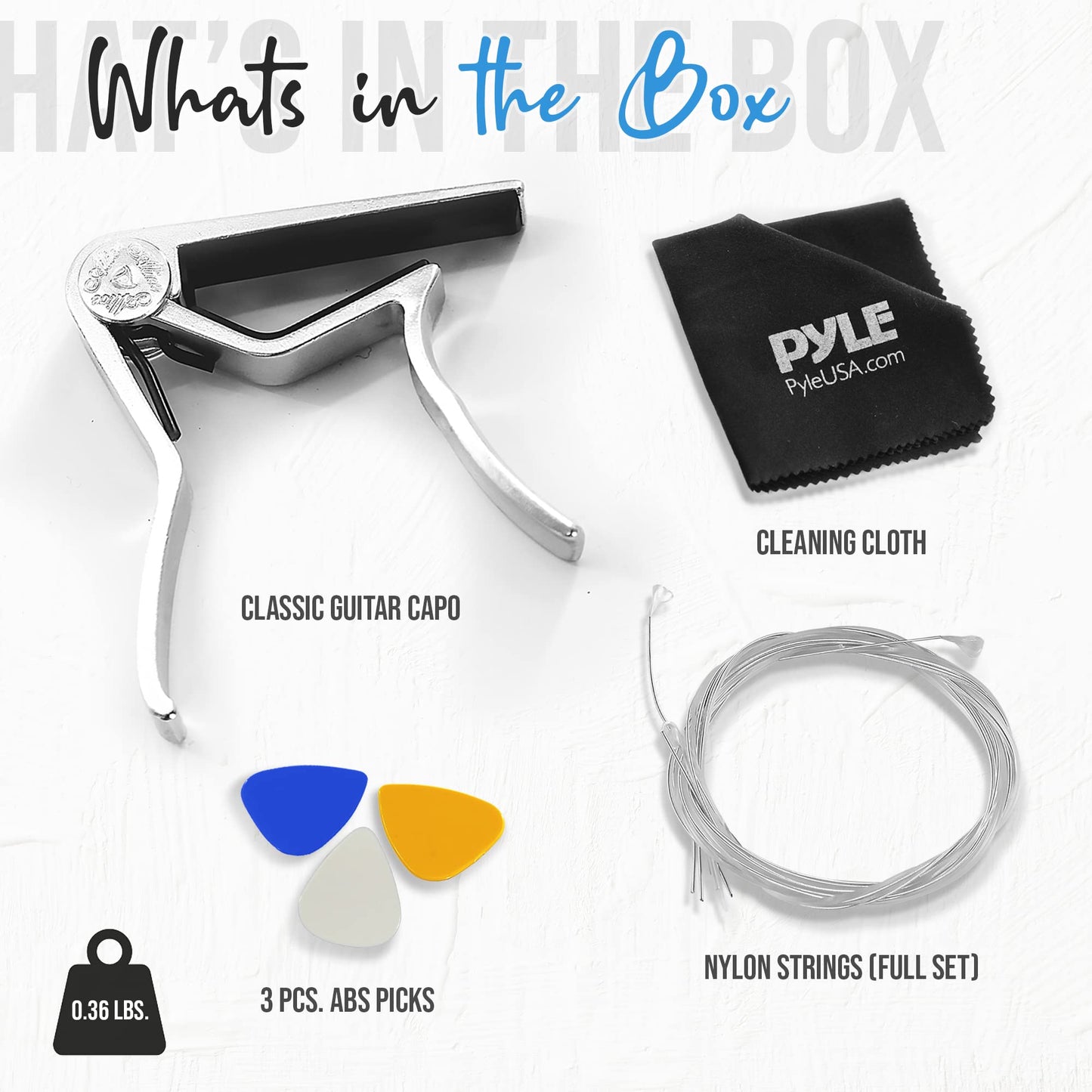Pyle Electric Guitar Accessory Kit - Steel Strings, Full Set of Replacement, 3 pcs ABS Picks, Cleaning Cloth & Metal Capo