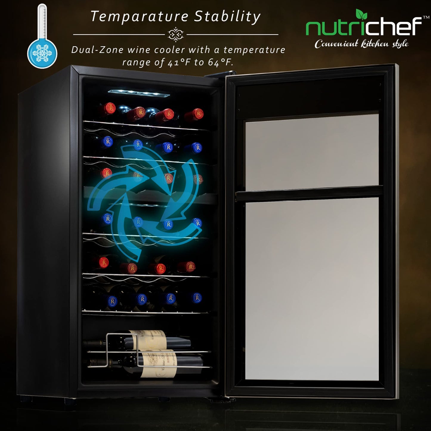 NutriChef 28 Bottle Wine Fridge | Dual Zone Wine Chiller | Adjustable Temperature 41°F to 64°F | Ultra Quiet Operation | Wine Cooler For Home, & Office | Free Standing 33x16x17 IN (Black)