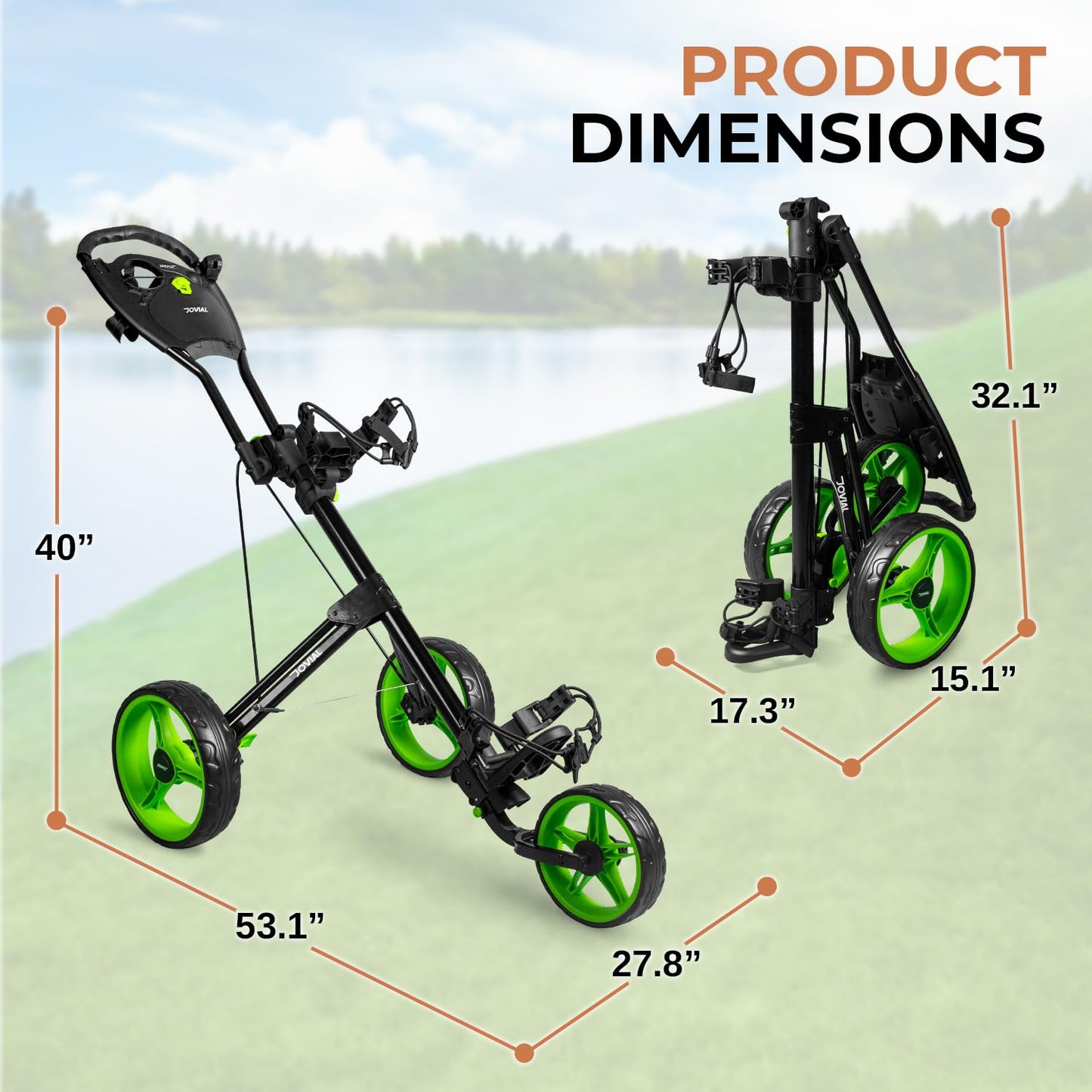 JOVIAL 3 Wheel Golf Push Pull Cart - Lightweight, Foldable, Collapsible, Caddy Accessories, Golf Bag Storage with Deluxe Scorecard Holder, Adjustable Handle, Aluminium Frame, Compact Design for Travel