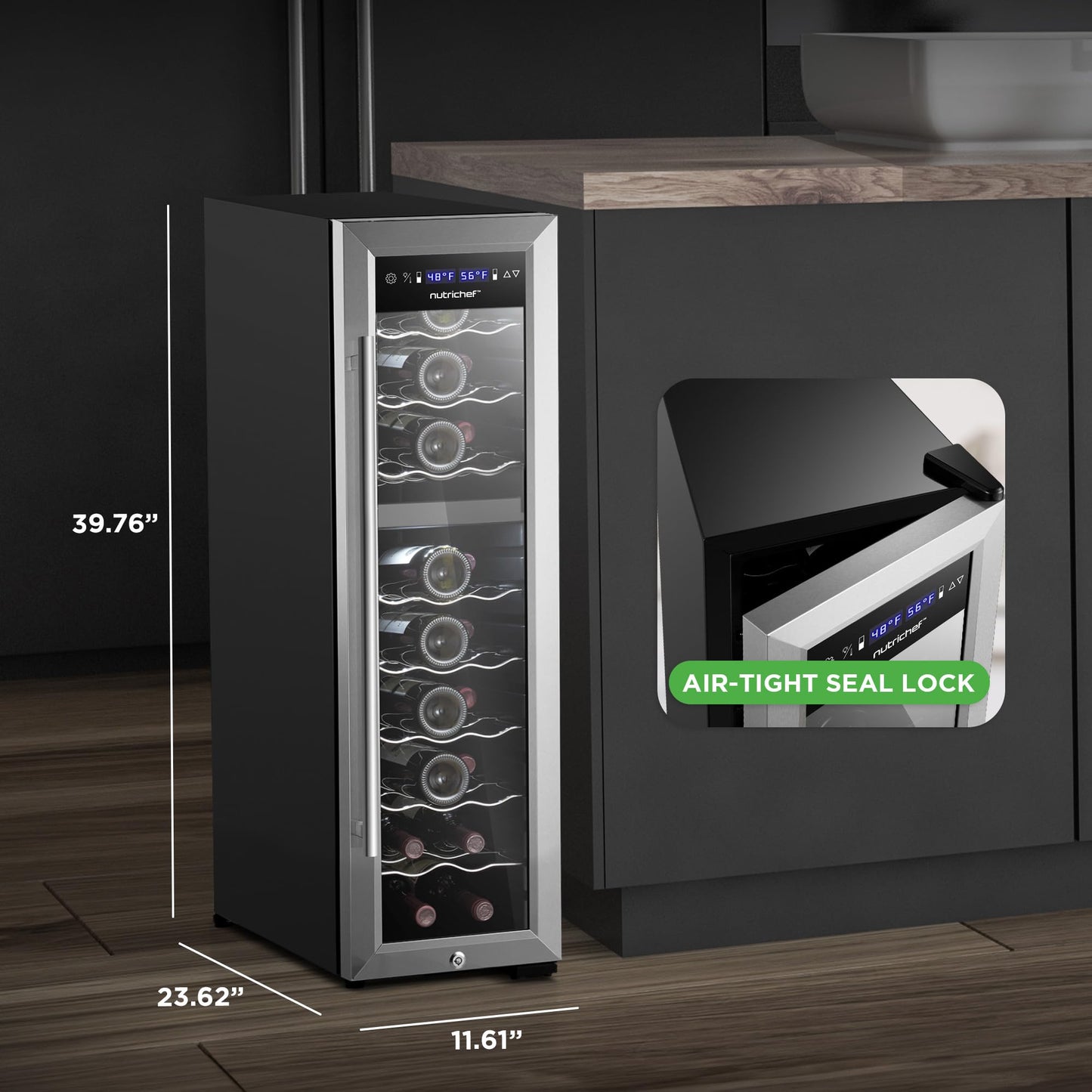 NutriChef PKCWCDS248 24 Bottle Fridge | Dual Zone Chiller | Adjustable Temperature 41°F to 64°F | Ultra Quiet Operation | Wine Cooler for Home, & Office | Free Standing 39x11x23 in (Black)