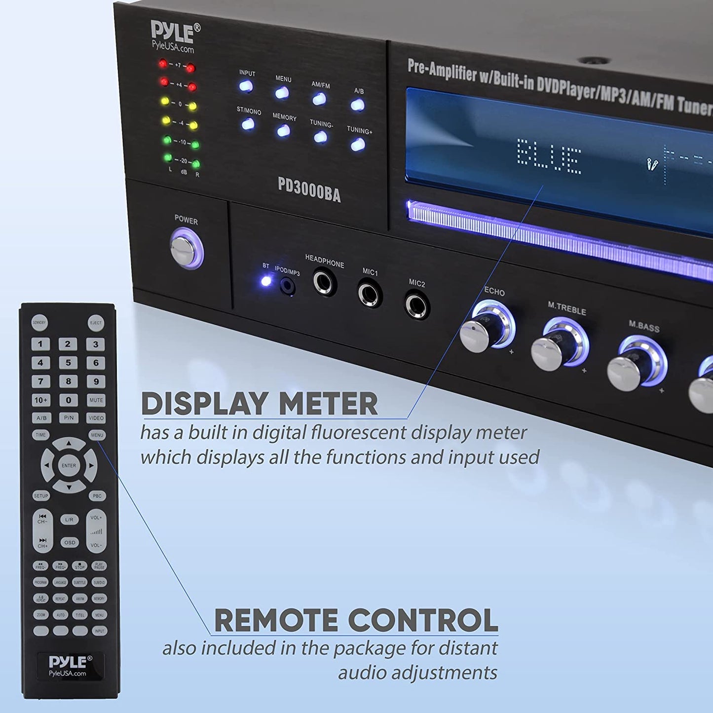 Pyle 4 Channel Wireless Bluetooth Amplifier - 3000W Peak Stereo Audio Receiver FM Radio - USB - 2 Mic Inputs w/ Echo - HDMI - 24-Bit Decode - CD/DVD - Subwoofer Output - LED - Rack Mount - PD3000BA