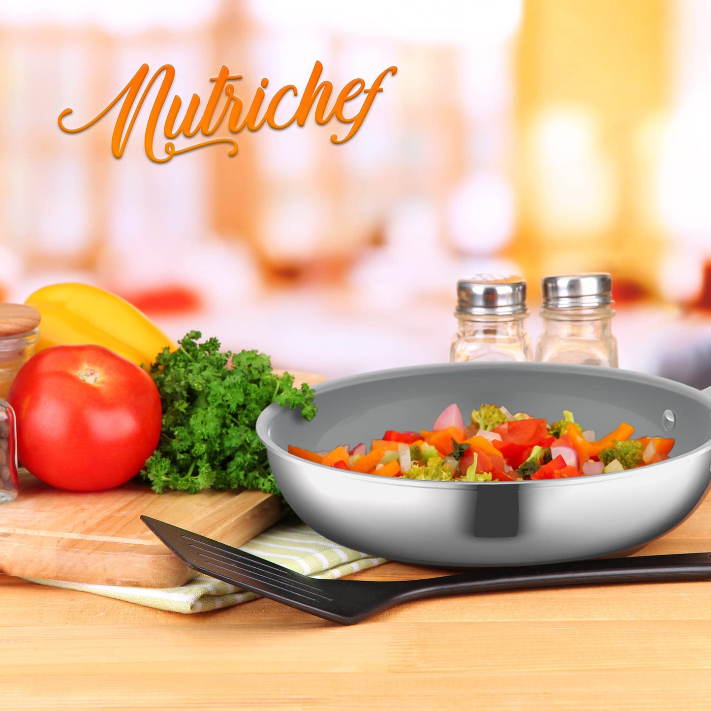 NutriChef 8'' Small Fry Pan-PFOA/PFOS Free Stainless Steel Stain-Resistant Frying Pan Kitchen Cookware w/Durable Ceramic Non-Stick Coating, Hollowed Cast Handles - Works w/ Model NCSSX45