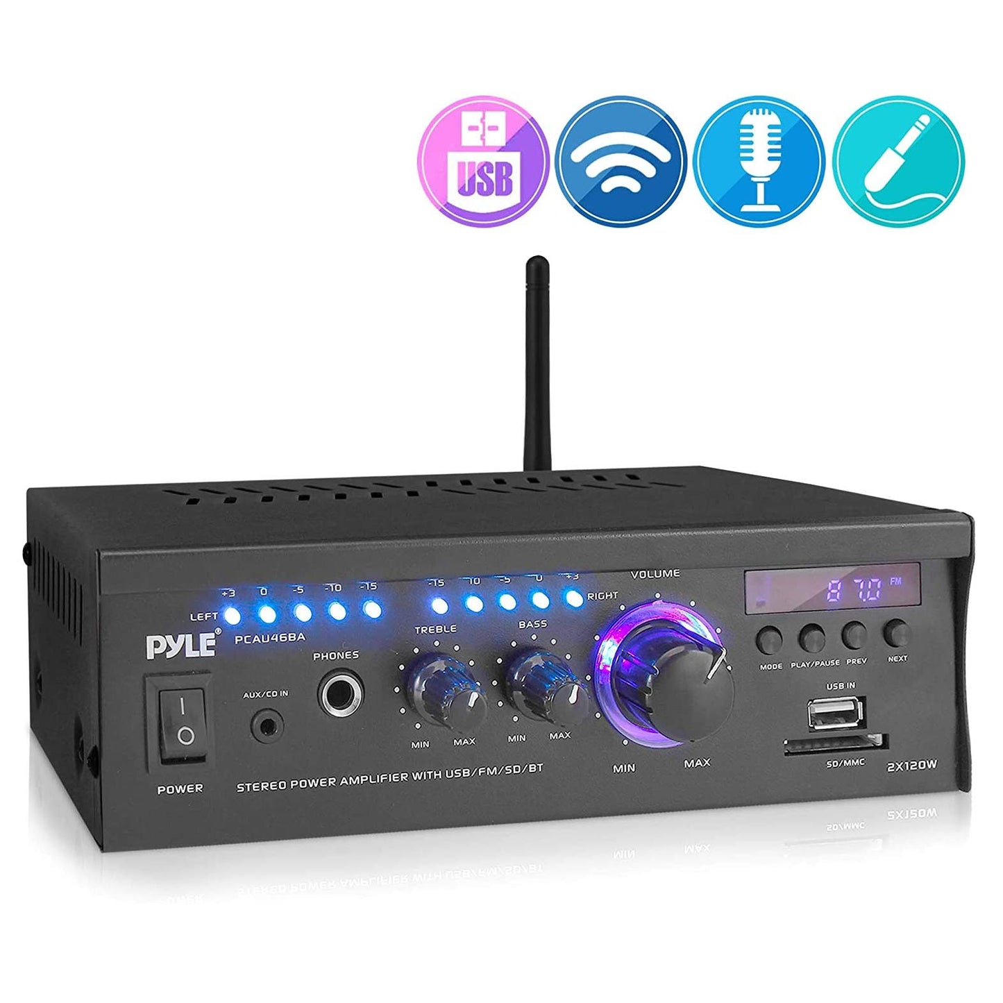 Wireless Bluetooth Home Stereo Amplifier - 2x120 Watt Power Amplifier Home Audio Bluetooth Receiver System w/Blue LED Display, AM/FM Radio, USB/SD, AUX, RCA, Headphone Jack - Remote - PCAU46BA