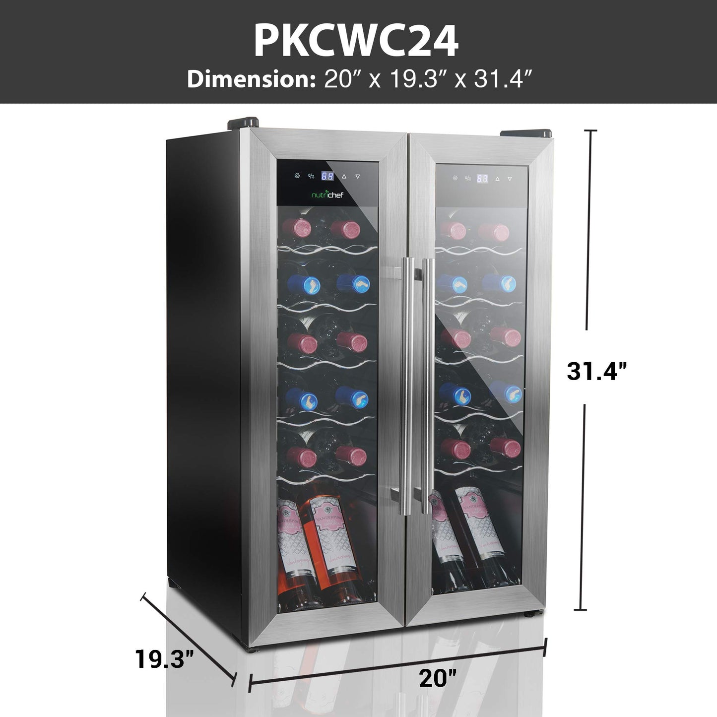 24 Bottle Wine Cooler Refrigerator - White Red Wine Fridge Chiller Countertop Wine Cooler - Freestanding Compact Mini Wine Fridge 24 Bottle w/Digital Control, Stainless Steel Door - NutriChef PKCWC24