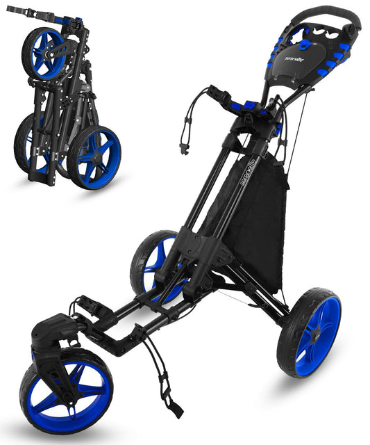 SereneLife Premium Foldable Golf Push Cart 3 Wheel – Lightweight Aluminum Frame, Front Swivel Control, Dual Brake, Cup Holder, Scorecard Holder, Golf Cart Bag Push Trolley