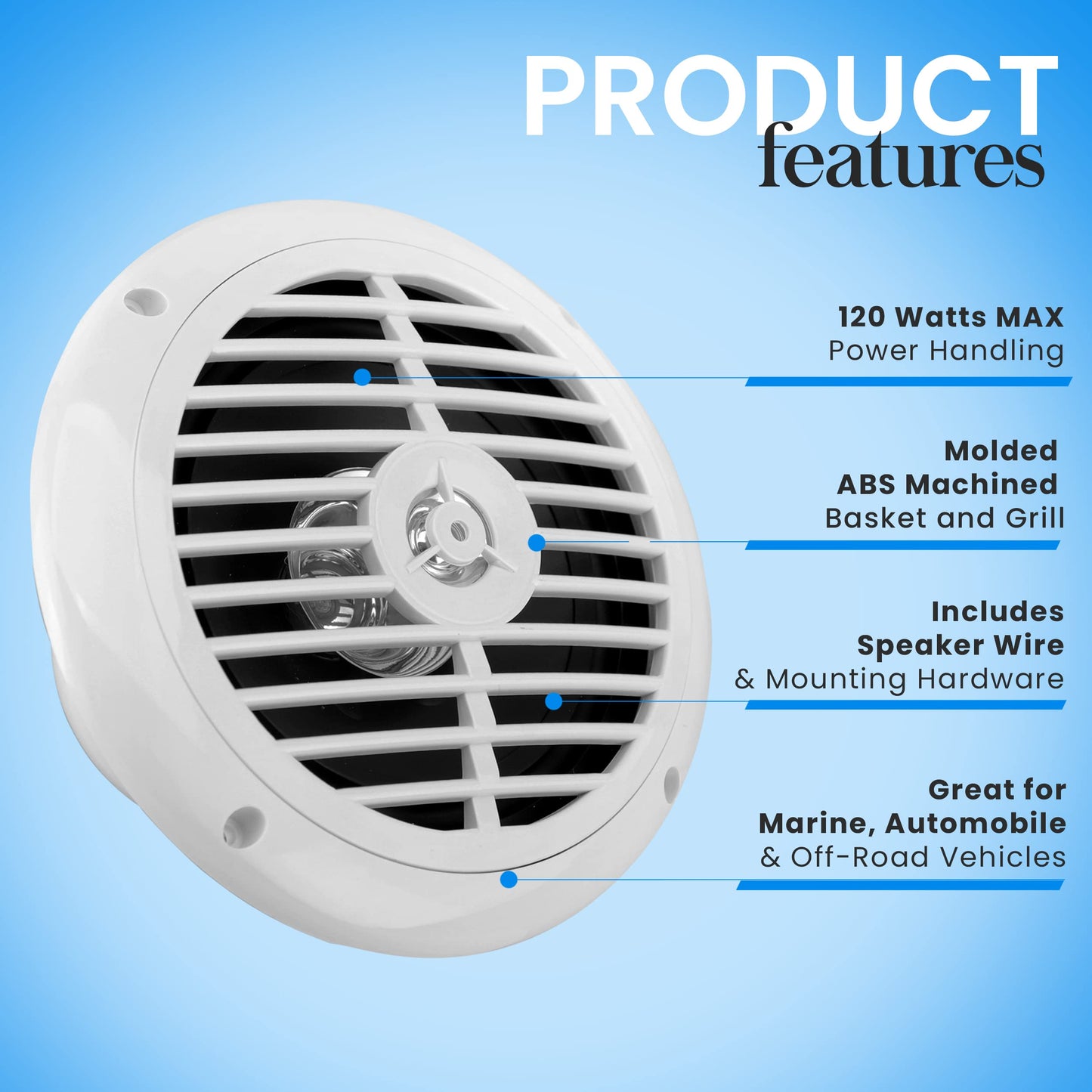 Pyle 6.5 Inch Dual Marine Speakers - 2 Way Waterproof and Weather Resistant Outdoor Audio Stereo Sound System with 120 Watt Power, Polypropylene Cone and Cloth Surround - 1 Pair - PLMR67W (White)