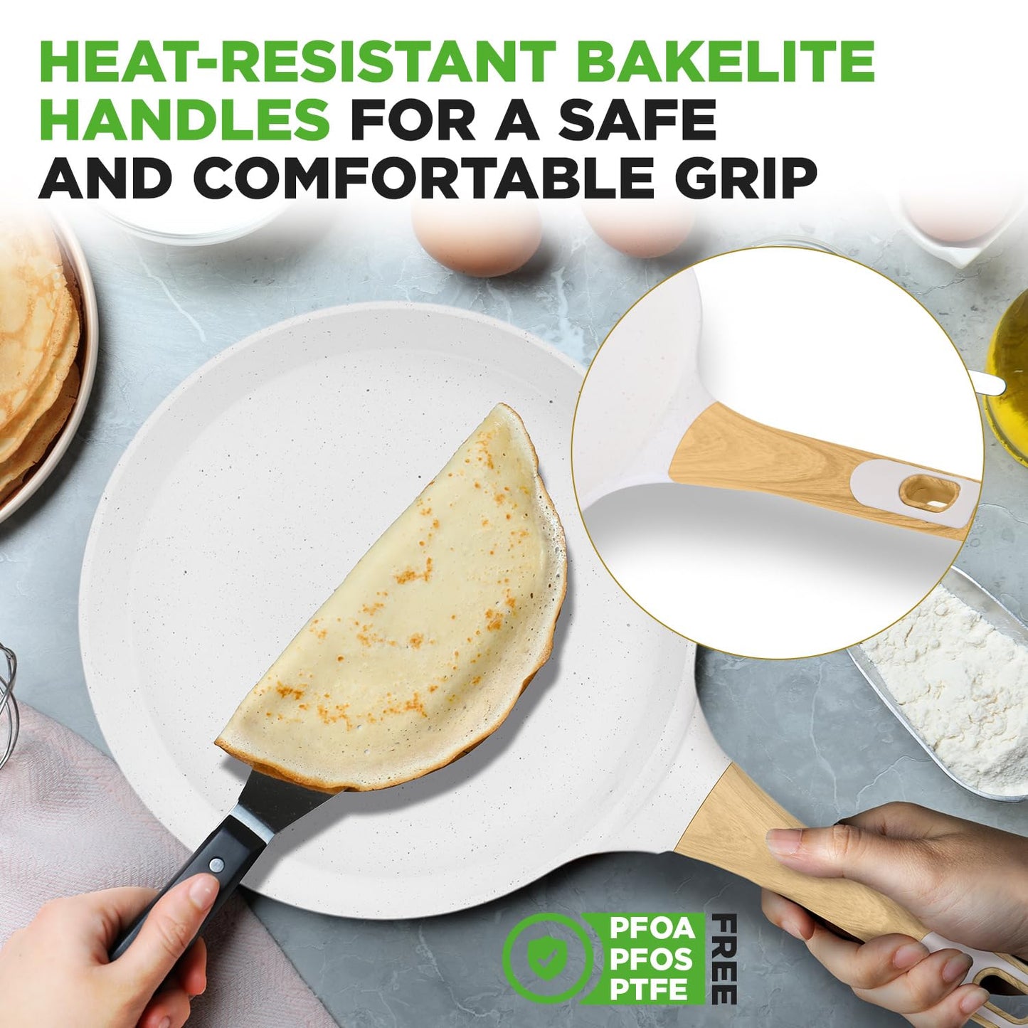 NutriChef 9.45” Non-Stick Crepe Pan with Wooden Spreader, Durable Marble Coated Dosa Pan, Bakelite Handle and Induction Bottom, PFOA/PFOS Free, Dishwasher Safe, Even Heat Distribution (White Cream)