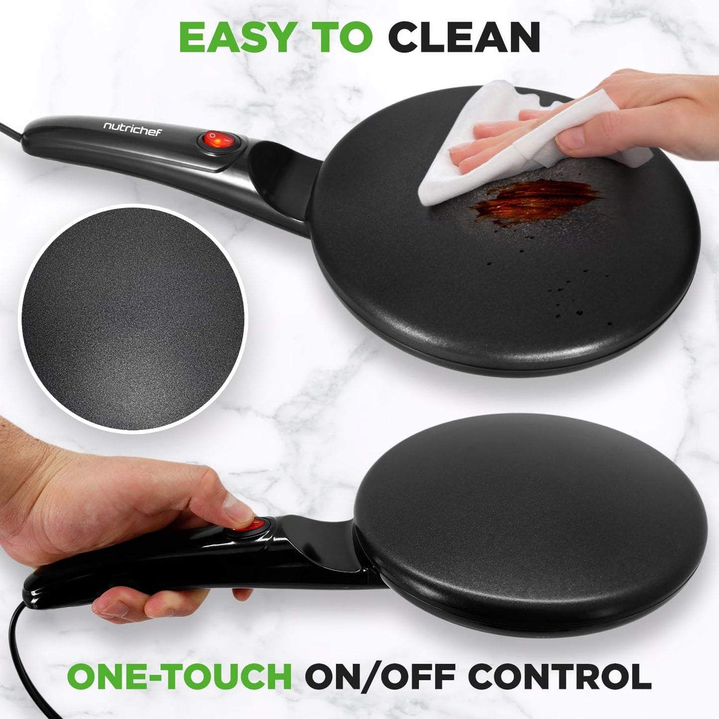 Nutrichef Electric Crepe Maker | 8-inch Nonstick Cooktop with On/Off Switch | Cooks Roti, Tortillas & Pancakes | Automatic Temperature Control & Cool Touch Handle | Includes Food Bowl, Whisk & Spatula